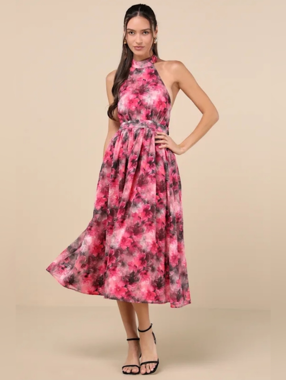 Lulu's Charming Vision Fuchsia Floral Lurex Halter Midi Dress